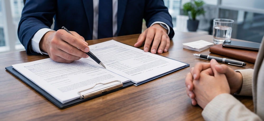 Customer reviewing auto financing documents with a Brighton Ford finance manager
