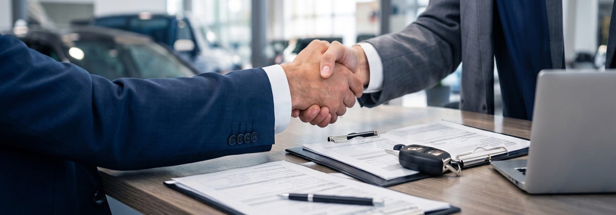 Brighton Ford finance manager shaking hands with a customer over signed financing paperwork