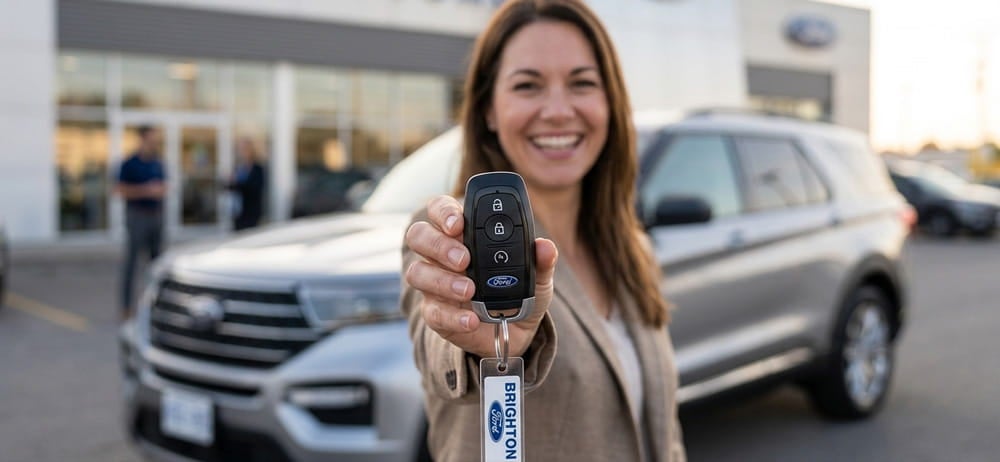 Smiling Brighton Ford customer holding up the key fob to her new Ford
